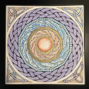 A painting of a circle with a celtic knot design.