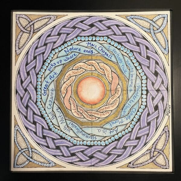 A painting of a circle with a celtic knot design.