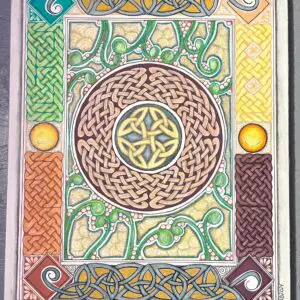 A painting of a celtic design on the front cover.