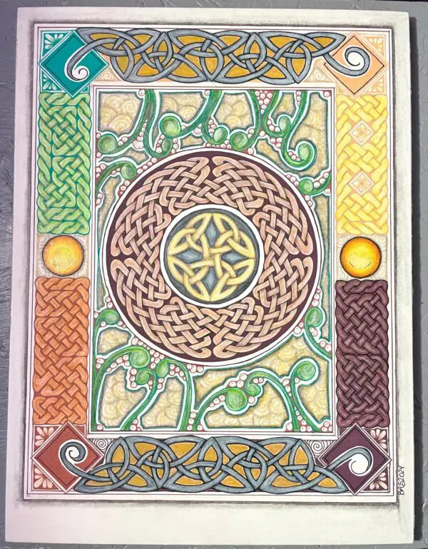 A painting of a celtic design on the front cover.