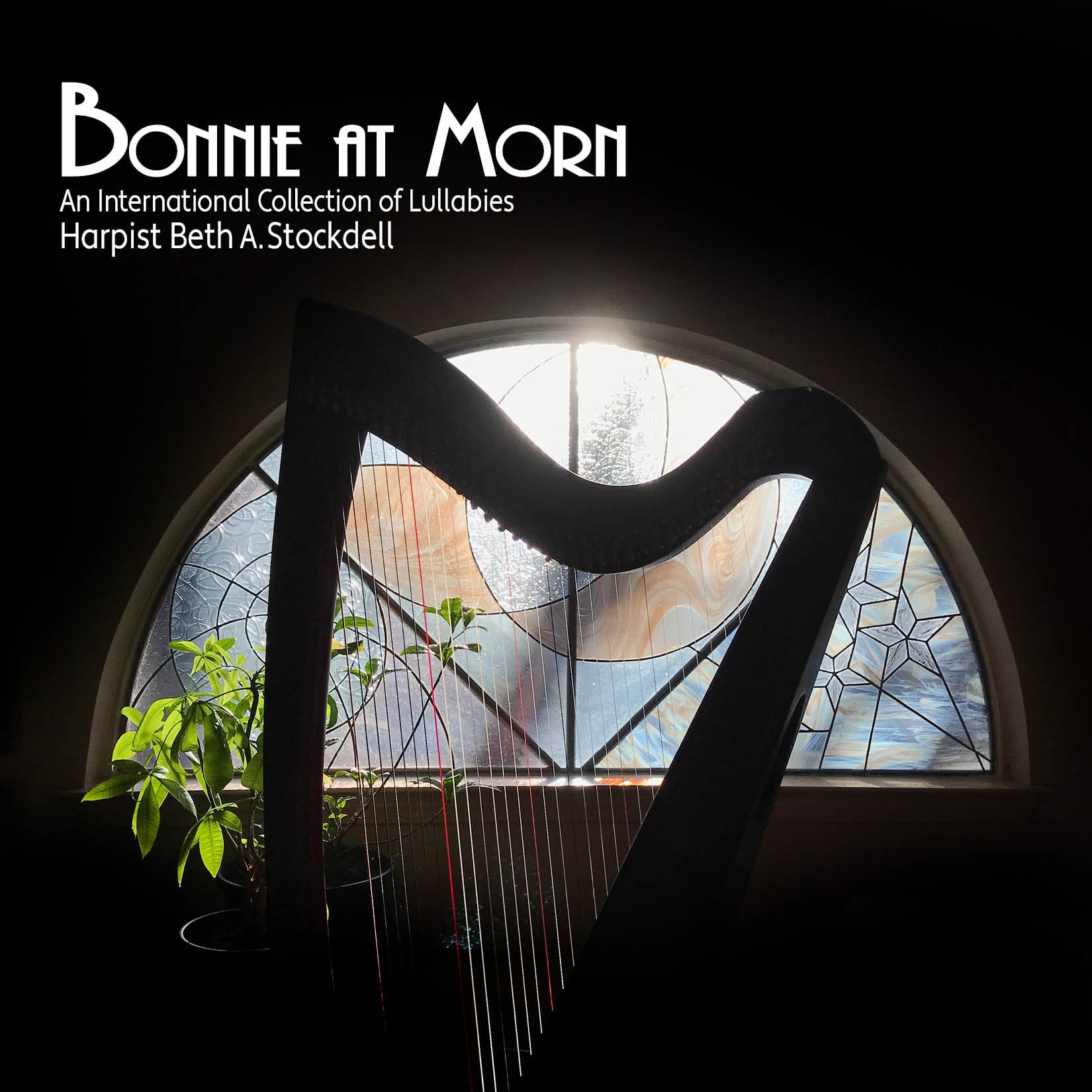 A harp in front of a window with the words bonnie at morn