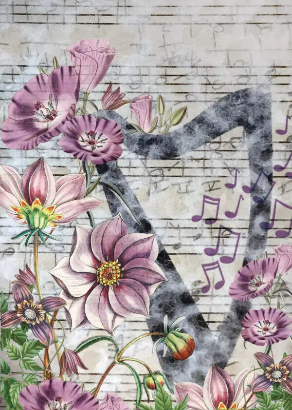 A painting of flowers and musical notes on a brick wall.